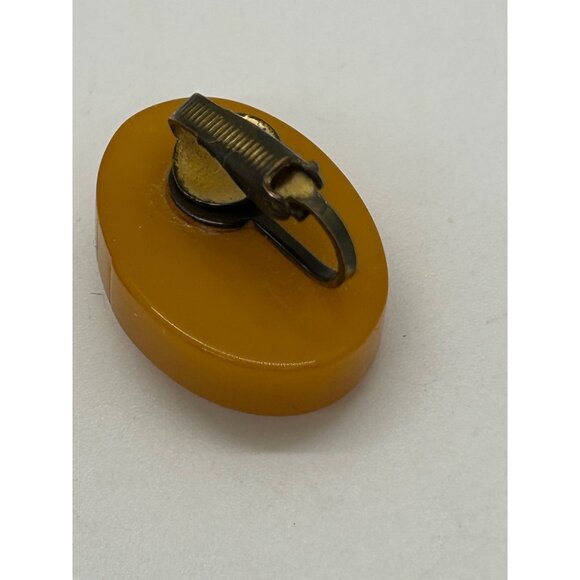 Bakelite Clip-On Earrings Butterscotch Pink & Green Embroidered Floral Vintage - Picture 11 of 16